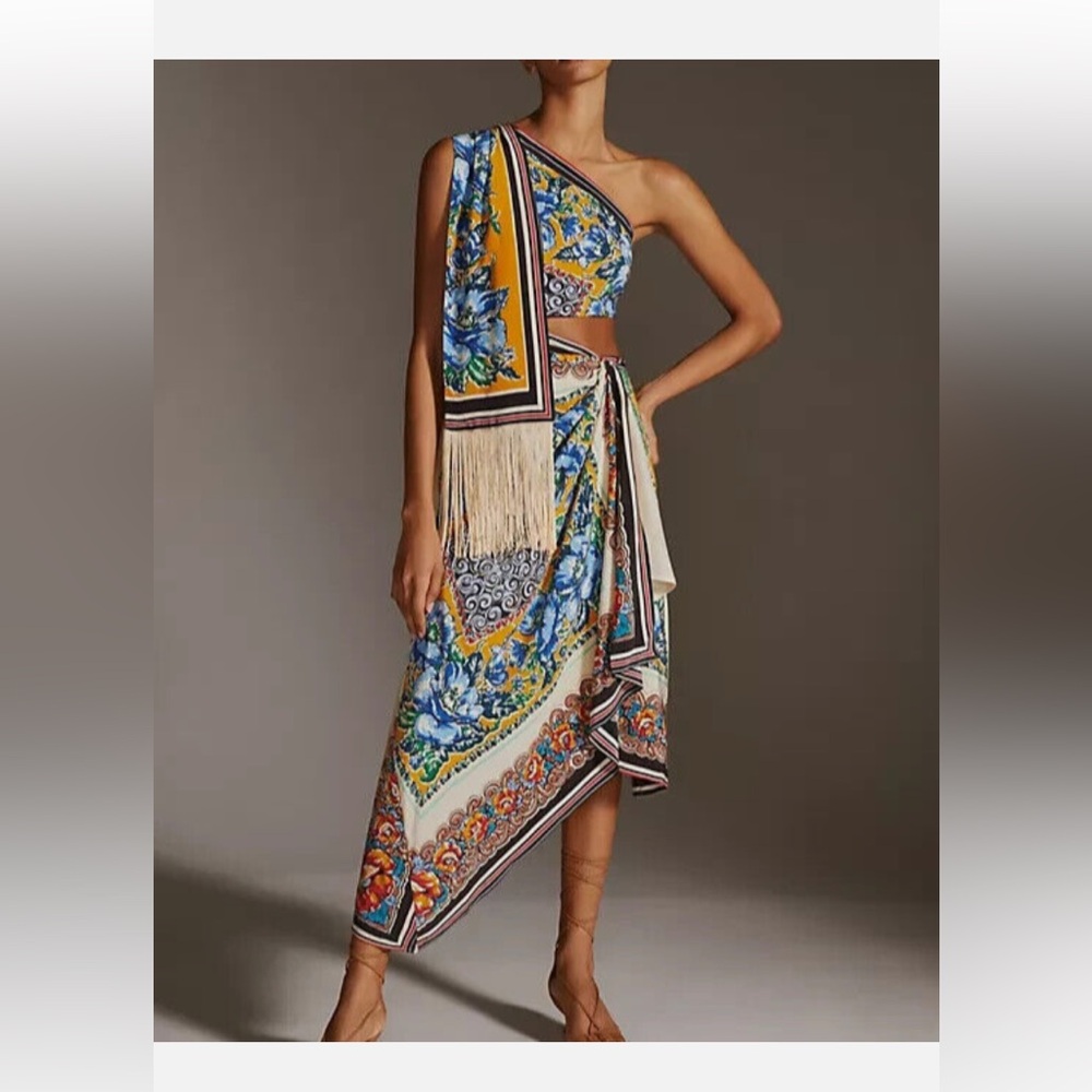 Anthropologie one shoulder silk scarf midi dress